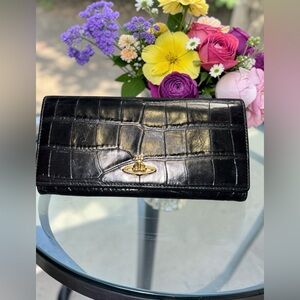 Vivienne Westwood Black Croc-Embossed Wallet with Gold Orb Logo